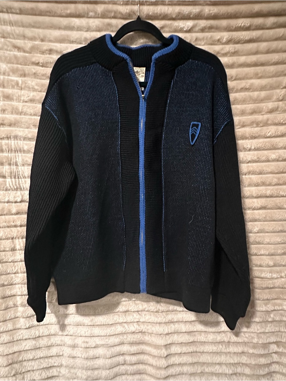 Original Penguin wool Black Zip-Up Sweater with Blue Trim
